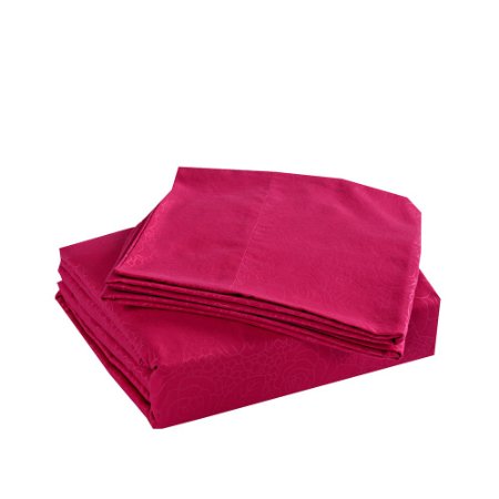 Honeymoon 4PC bed sheet set, King sheet, Hot Pink bedding set, deep pocket, super soft embossed pattern, HM004ROSE08501K-HOTPINK