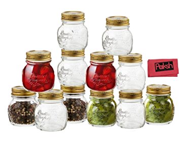 12 Piece, 8.5 Ounce Glass Decorative Mason Jar for Canning / Storing with Airtight Gold Metal Lid, - Bundled With Cloth