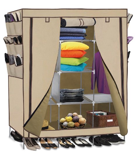 OxGord Storage Closet 13 Customizable Shelves with Sturdy Frame 9 Side Pocket 69 x 51x 175-inches 15 Cubic Ft Beige