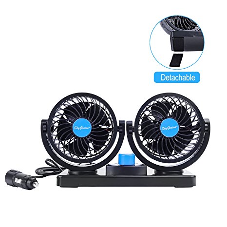 12V Car Cooling Fan With 360°Rotatable Dual Head,2 Adjustable Speed Dashboard Electric Fan With Detachable Velcro Tape,Small Quiet Powerful Auto Fan For Vehicle,Golf Cart,Suv,Back Seat,Boat,Baby,Pet