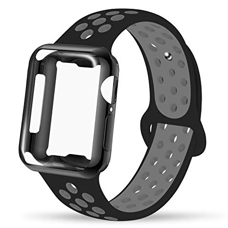 INTENY Compatible for Apple Watch Band 38mm 40mm 42mm 44mm with Case, Soft Silicone Sport Wristband with Apple Watch Screen Protector Compatible for iWatch Apple Watch Series 1, 2, 3, 4