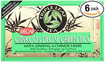Triple Leaf Tea, Ginkgo & Decaf Green Tea, 20 Tea Bags 1.27 OZ (Pack of 6)