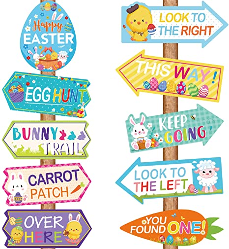 Zonon 20 Pieces Easter Egg Hunt Signs Outdoor Bunny, Chick and Eggs Yard Signs Cute Directional Arrow Signs Photo Backdrop for Easter Hunt Game Party Supplies Lawn Decoration