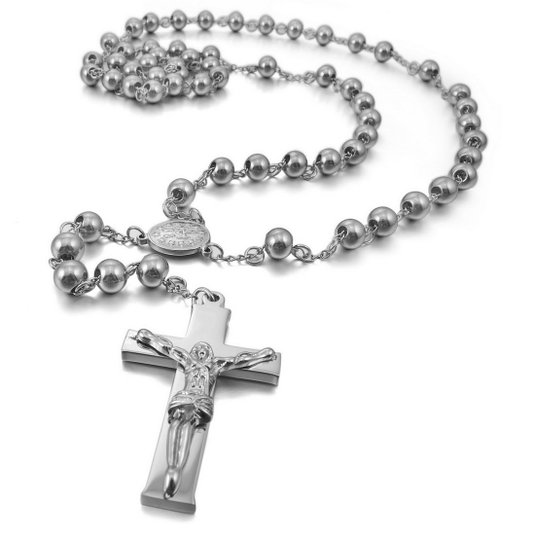 Men's Stainless Steel Pendant Necklace Silver Jesus Christ Crucifix Cross Vintage 29 Inch Rosary Chain