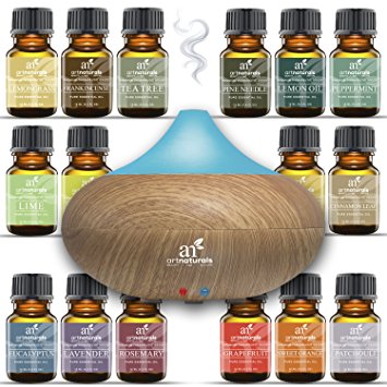 Art Naturals Essential Oil Diffuser 100ml & Top 16 Essential Oil Set - Peppermint, Tee Tree, Rosemary, Orange, Lemongrass, Lavender, Eucalyptus, & Frankincense - Auto Shut-off and 7 Color LED Lights