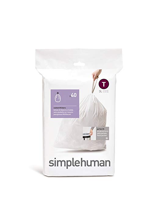 simplehuman Code T, Custom Fit Bin Liners, 40 Liners, White, 3 L