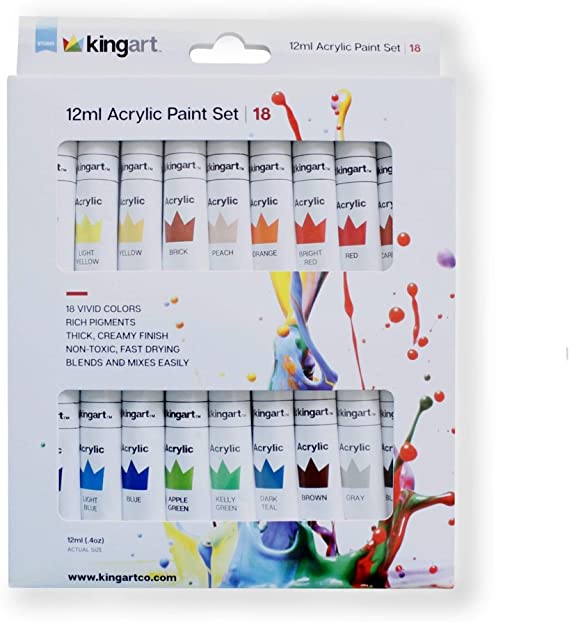 KINGART Studio Acrylic Paint, 12ml (.4oz), Set of 18 Colors, Assorted