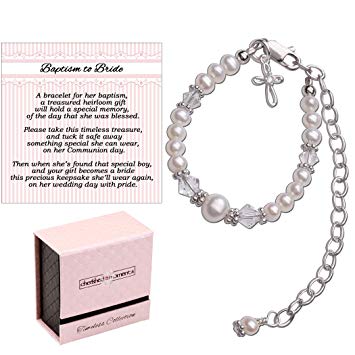 Baptism to Bride Cross Bracelet for Girls in Sterling Silver and Cultured Pearl