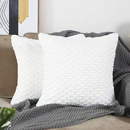 Madizz Set of 2 Soft Plush Short Wool Decorative Throw Pillow Covers Luxury Style Cushion Case Pillow Shell for Sofa Bedroom Square White 16x16 inch