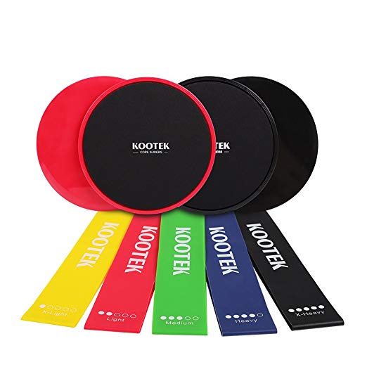 Kootek Resistance Bands and Core Sliders Finess Kit for 80 Day Obsession, 4 Pack Double Sided Gliding Discs Exercise Bands Bundle, Loop Bands and Floor Gliders for Home Gym Workout