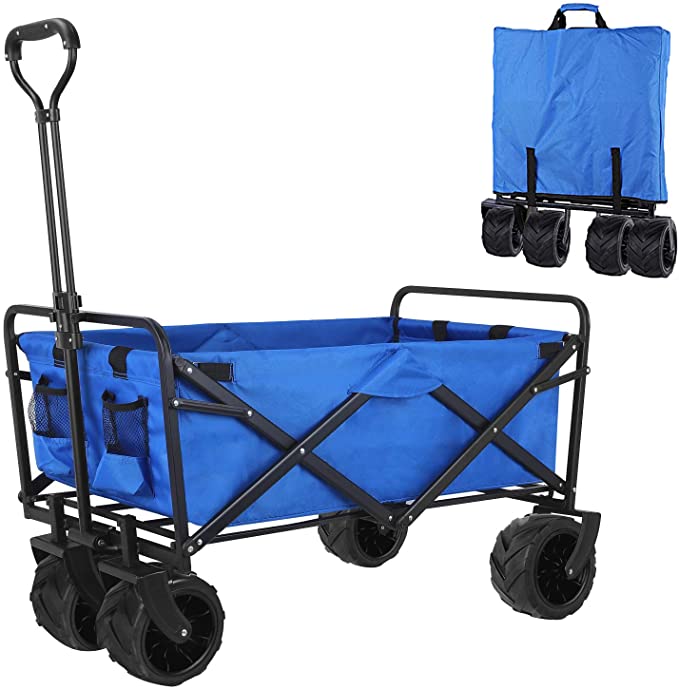 femor Folding Collapsible Outdoor Utility Wagon Cart, Heavy Duty Garden Cart with All-Terrain Wheels and Carrying Bag for Shopping, Beach, Yard (Blue)