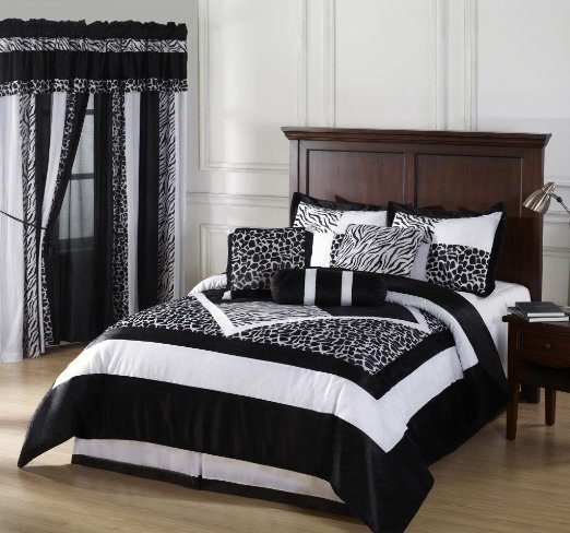 Okapi QUEEN Size 7-Piece Comforter Set Micro Fur Zebra with Firaffe Print Desing, Black/White Color Bedding Set By Cozy Beddings