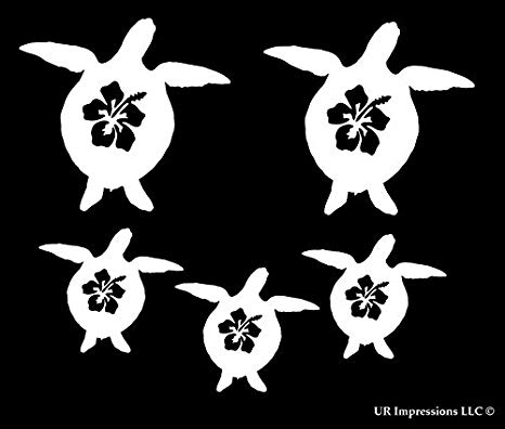 Fam 5 Hibiscus Flower Sea Turtle Family of 5 Decal Vinyl Sticker Graphics for Cars Trucks SUV Vans Walls Windows Laptop|White|1 @ 3.8 X 3.5-1 @ 3.5 X 3.3-3 @ 2.6 X 2.4 inch|URI493