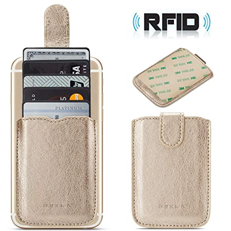 Phone Card Holder Credit 3M Stick Back On Wallet Pull 5Business Card Holder for Back of Phone Cell RFID Card ID Holder Adhesive Phone Pocket for iPhone Xs MAX Android and All Smartphones (Gold)