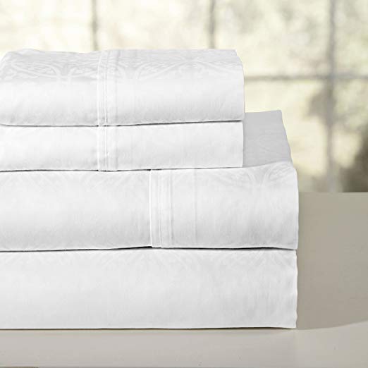 Pointehaven 300 Thread Count Printed Sheet Set, White, Queen