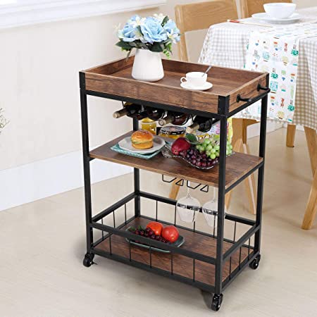 JAXPETY Bar Cart for Home 3-Tier Wine Cart Serving Cart with Wheels Kitchen Cart Removable Handle Rack, Industrial Dining Room Utility Cart, Brown