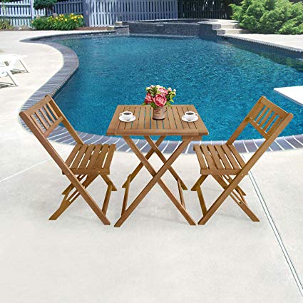 3-Piece Acacia Wood Folding Patio Bistro Set Outdoor Bistro Set Table and Chairs Set with 2 Chairs and Square Table for Pool Beach Backyard Balcony Porch Deck Garden Wooden Furniture, Natural Oiled
