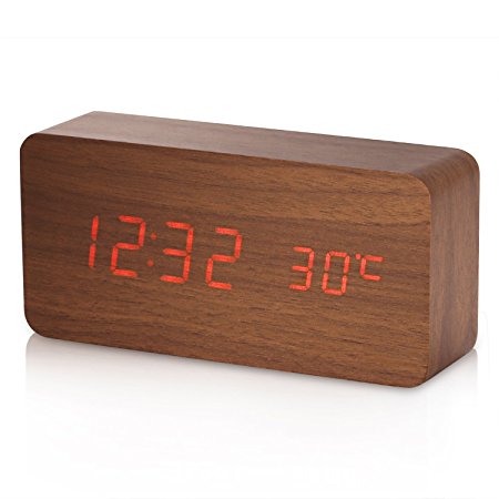 Alarm Clock, Yokkao Digital Led Desk Clock Touch Sound Sensor Voice Control Built-in Temperature Time Display for Home and office (Wooden Color)