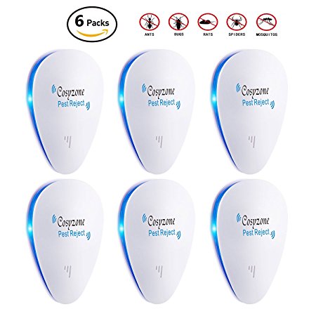 Cosyzone Ultrasonic Pest Repeller 6 Packs Electronic Pest Control Repellent Reject Plug In for Insect by, Mouse, Rats, Spiders, Fleas, Roaches, Bed Bugs, Mosquitoes, Eco-Friendly, Human & Pet Safe