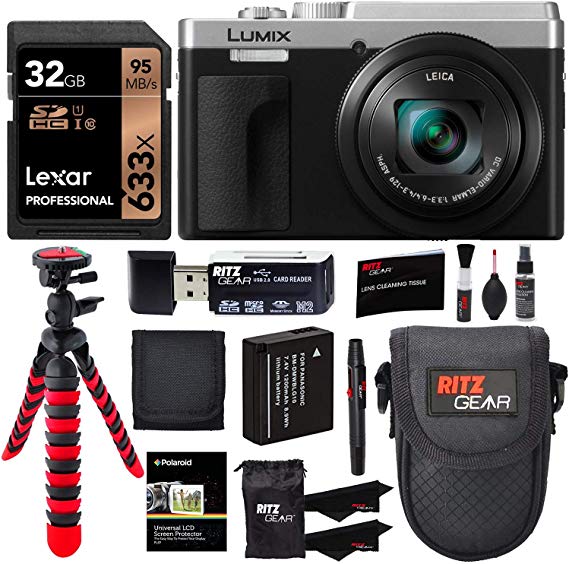 Panasonic Lumix DC-ZS80 4K Wi-Fi Digital Camera (Silver) with Lexar 32GB Memory Card, Tabletop Tripod, Spare Battery, Cleaning Kit, Camera Case and Card Reader