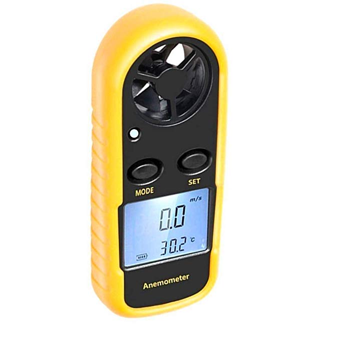 Anemometer, Digital LCD Wind Speed Meter Gauge Air Flow Velocity Thermometer Measuring Device with Backlight for Windsurfing, Sailing, Kite Flying, Surfing Fishing Etc. (Mini Anemometer) (Yellow)