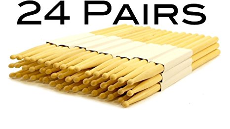 Lot of 24 PAIRS - 5A WOOD TIP NATURAL MAPLE DRUMSTICKS - PRO 48 DRUM STICKS NEW