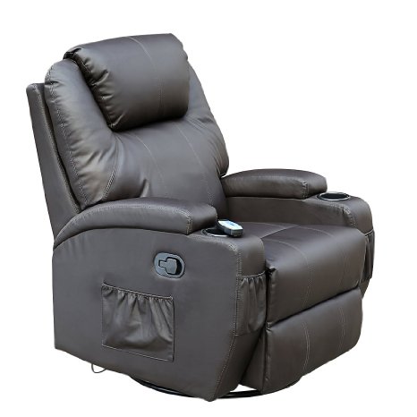 CINEMO 9 in 1 Leather Recliner Chair Rocking Adjustable Headrest Massage Swivel Heated Gaming Nursing Cinema Brown