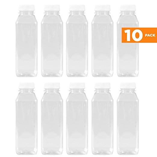 16 Oz Clear Plastic Juice/Dressing PET Square Container w/ White Tamper Evident Caps by Pexale(TM)- (Pack of 10)