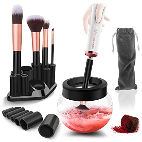 Urban Butterfly Electric Makeup Brush Cleaner Spinner, Deep Cosmetic Brush Cleaner Mat with 8 Size Rubber Collars