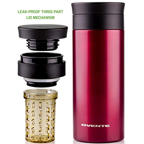 Ovente Travel Tea Infuser, Vacuum Insulated & Double-Walled Coffee Mug, Spill-Proof, BPA-Free, 12oz, Red (MSA12R), 12 oz, Wine