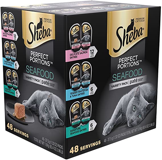 Sheba Perfect PORTIONS Wet Cat Food Paté in Natural Juices Signature Seafood Entrée, Delicate Salmon Entrée, and Tender Whitefish & Tuna Entrée Variety Pack, (45) 2.6 oz. Twin-Pack Trays (45 Pack)