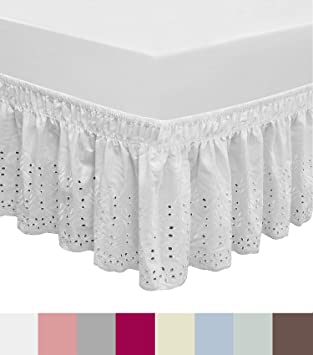 QSY Home Wrap Around Elastic Eyelet Bed Skirts Dust Ruffle Three Fabric Sides Easy On/Easy Off Adjustable Polyester Cotton 14 1/2 Inches Drop(White Queen/King)
