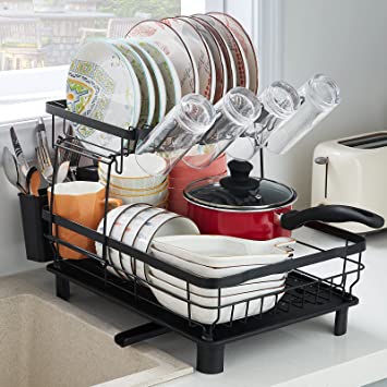 Lifewit Dish Drying Rack for Kitchen Counter, 2-Tier Stainless Steel Dish Drainer with Drainage, Removable Dish Rack and Drainboard Set with Utensil Holder and Cup Holder