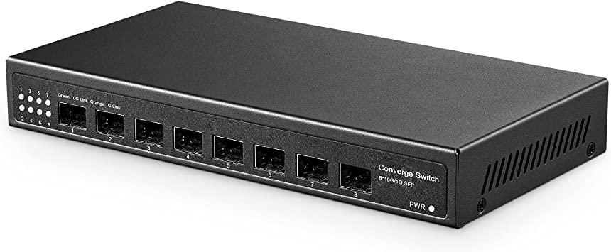 8 Port 10 Gigabit SFP Switch, Support 1G SFP and 10G SFP  Module, 160Gbps Bandwidth, Metal Fanless Unmanaged Fiber Network Switch