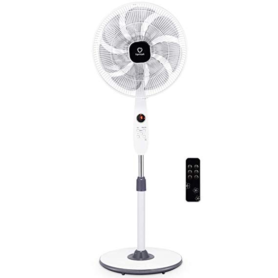 COSTWAY Pedestal Fan, 16-Inch Adjustable Oscillating Fan, Floor Standing Pedestal Fan with 7 Blades, Automatically Wind Speed, 12 Hours Time Setting, Remote Control, White