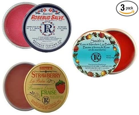 Rosebud Perfume Co. Tin 3 Pack: Smith's Rosebud Salve   Smith's Strawberry Lip Balm   Smith's Rose and Mandarin Lip Balm