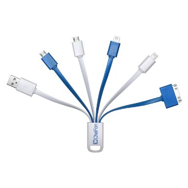 Chafon Latest Premium Compact 6 in 1 Multiple USB Fast Charging Cables Adapter Connector with 8 Pin Lighting /30 Pin/2 Micro USB /Mini USB Ports for Smartphone,Tablet and More,Compatible with Most External Power Bank- Perfect for Traveling! (Blue white)