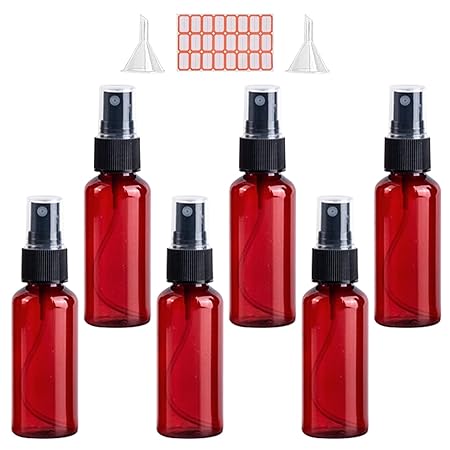 Zoizocp Spray Bottles, 2oz/50ml Amber Empty Fine Mist Plastic Mini Travel Bottle Set, Small Refillable Liquid Containers with 2pcs Funnels and 24pcs Labels (6 Pack)