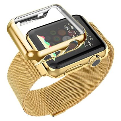 Apple Watch Band, Biaoge Steel Milanese Loop Replacement Wrist Band with Plated Case for Apple Watch (Gold 38mm)