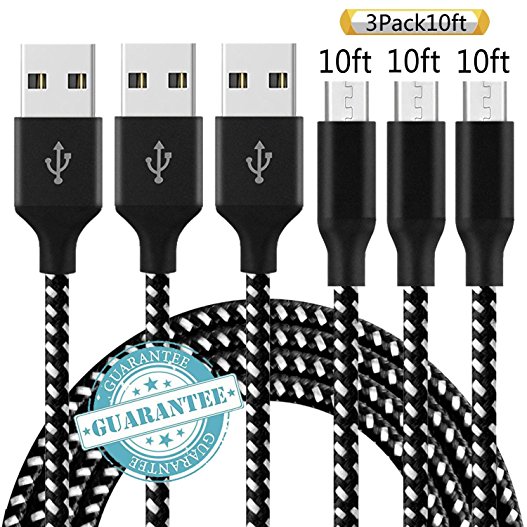 DANTENG Micro USB Cable,3 Pack 10FT Long Premium Nylon Braided Android Charger USB to Micro USB Charging Cable Samsung Charger Cord for Samsung Galaxy S7 Edge S7 S6 S4 S3,Note 5 4 (BlackWhite)