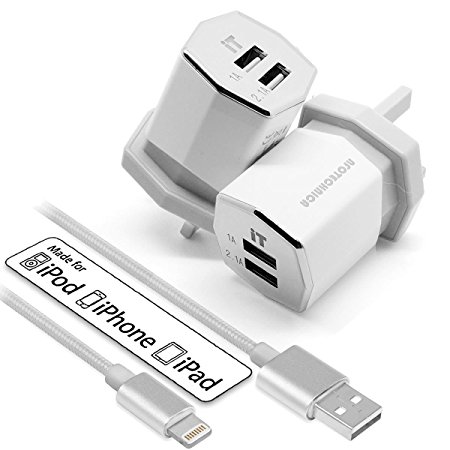 For iPad 4, iPad Air, iPad Mini, iPhone 5, iPhone 6 Dual USB Heavy duty Wall charger, UK Mains Plug Travel Power Adapter with Smart IC   premium quality 6ft/1.8-meter nylon braided MFI Apple certified charge & sync USB cable.
