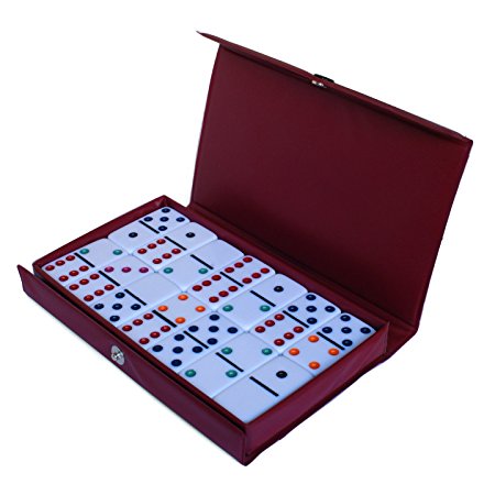 DOUBLE 6 Dominoes Ivory color tiles with assorted color dots in vinyl case