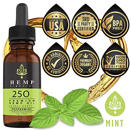 Hemp BioHacks Ultimate Organic Oil Drops for Joint & Back Pain Relief, Anxiety, Insomnia & Stress - Natural Anti Inflammatory - Supports Relaxation, Sports Recovery & Sleep 250mg 1oz/30ml