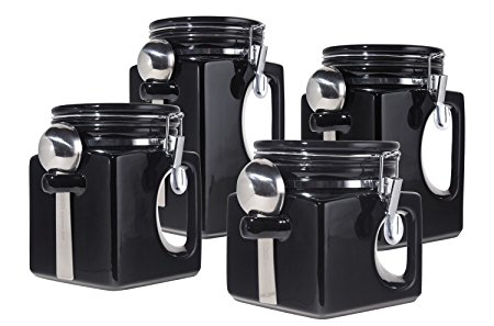 Oggi EZ Grip Handle Ceramic 4 Piece Canister Set, Black