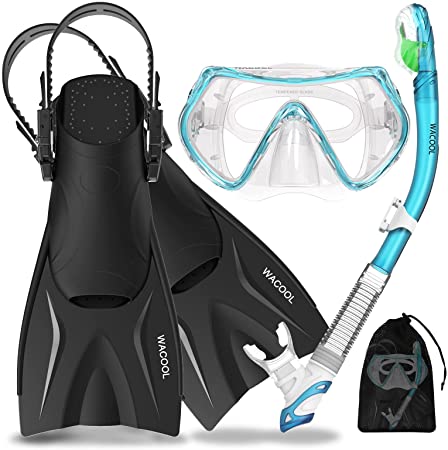 WACOOL Adults Child Teens Snorkeling Snorkel Scuba Diving Package Set Gear with Adjustable Short Swim Fins Anti-Fog Coated Glass Silicon Mouth Piece Purge Valve (Lake Blue/XS)