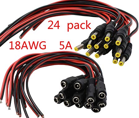 ALELE DC Power Pigtail Cable Connection 24Pack 18AWG 12V 5A Male & Female Connectors for Home Security Surveillance Camera Power Adapter and Party lighting Power Connection