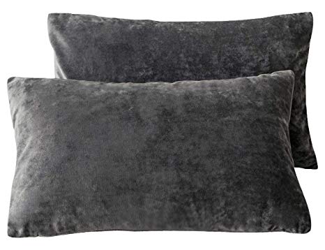 PHF Velvet Throw Pillow Covers Rectangle Lumbar 2-Pack 12" x 20" Home Decorative for Sofa, Couch, Bed, Car Grey