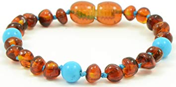 Baltic Amber Teething Bracelet for Babies with Turquoise Beads - 5.5 Inches - Baltic Amber Land - Knotted for Safety - Polished Cognac Amber Beads - Screw Clasp (Light Blue with Turquoise Beads)