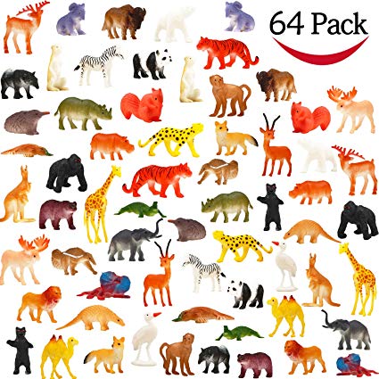Animal Toy, 64 Pack Mini Wild Plastic Animals Models Toys Kit, Funcorn Toys Jungle Realistic Animal Figure Set for Children Kids Boy Girl Party Favors Educational Toy Birthday Game Classrooms Rewards