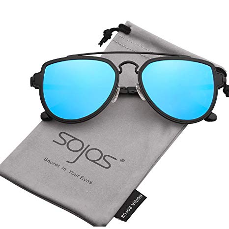 SOJOS Fashion Aviator Unisex Sunglasses Flat Mirrored Lens Double Bridge SJ1051